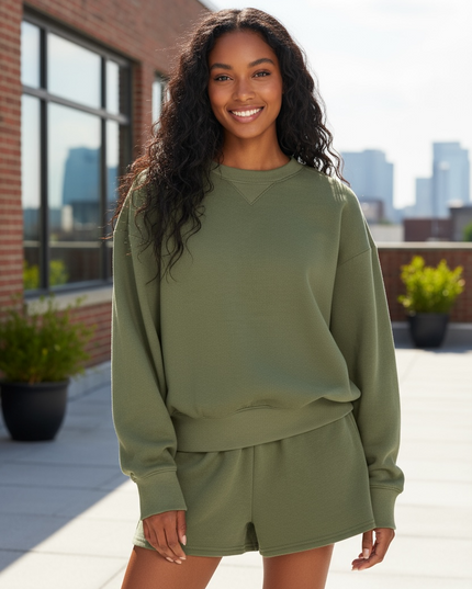 Fleece Long Sleeve Sweatshirts & Shorts Set - Dark Olive