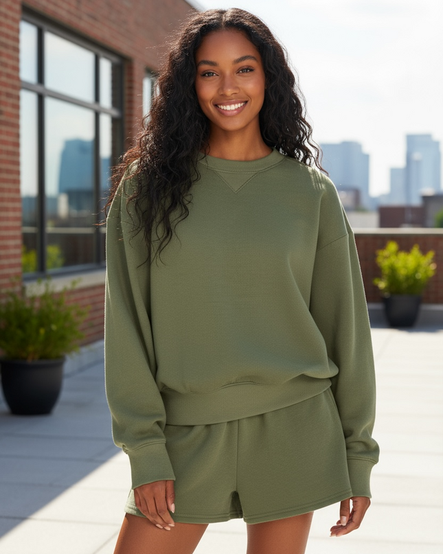 Fleece Long Sleeve Sweatshirts & Shorts Set - Dark Olive