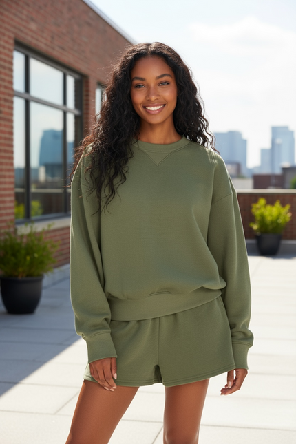 Fleece Long Sleeve Sweatshirts & Shorts Set - Dark Olive