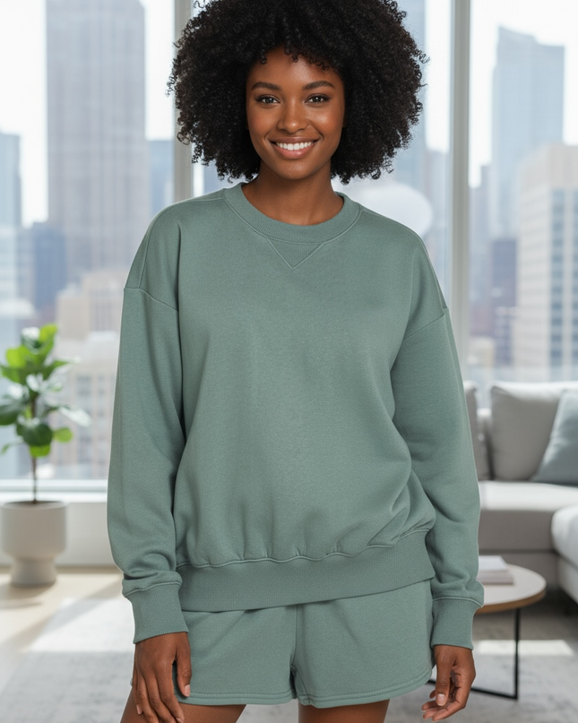 Fleece Long Sleeve Sweatshirts & Shorts Set - Jade
