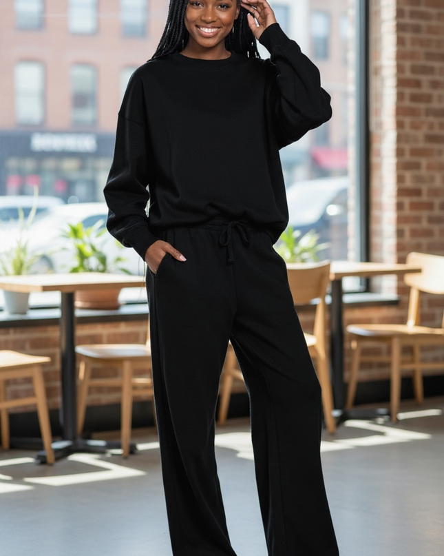 Fleece Long Sleeve Top and Sweatpants Set - Black