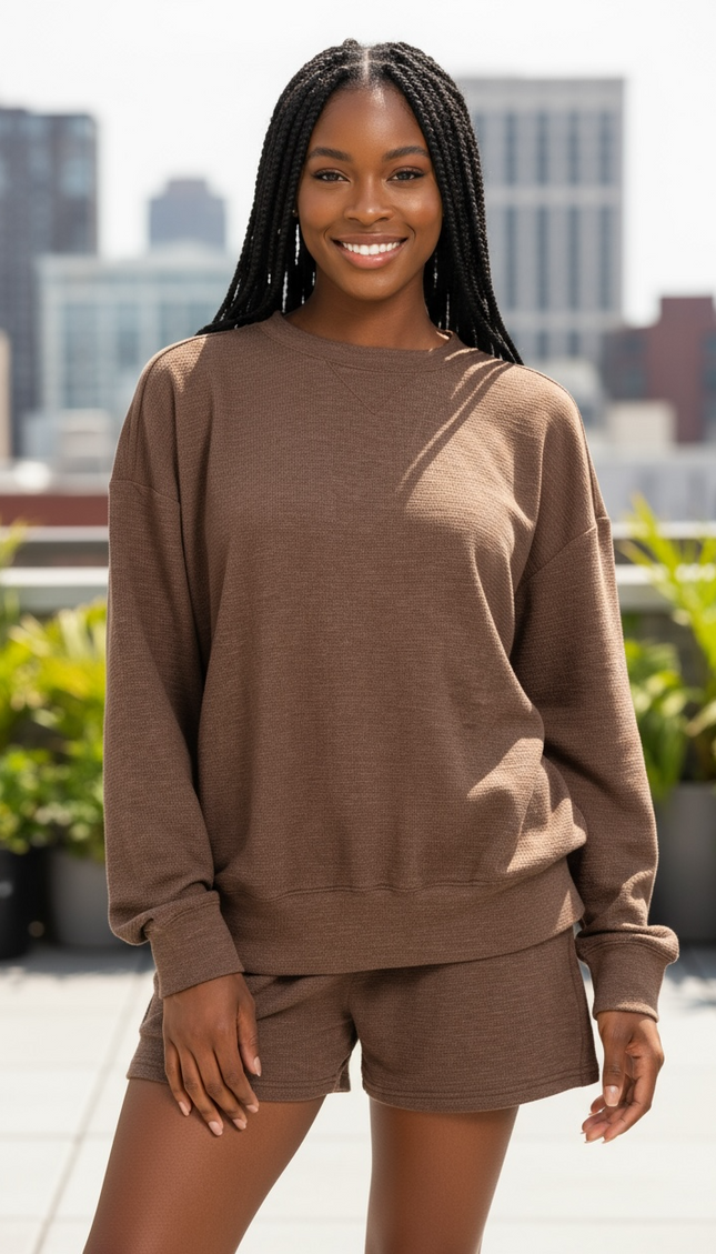 Your Favorite Long Sleeve Top and Shorts Set -  Brown