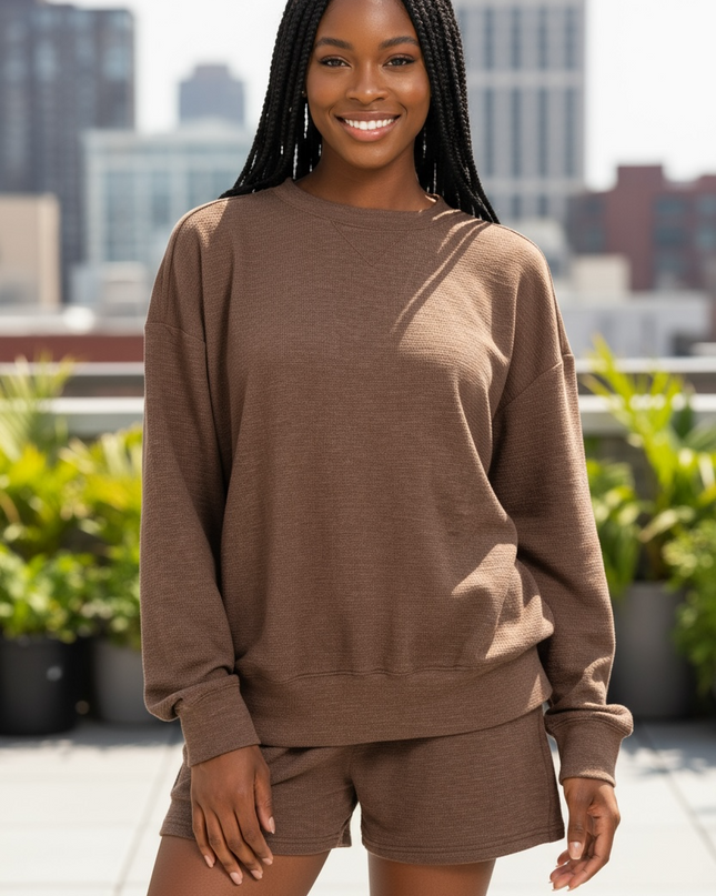 Your Favorite Long Sleeve Top and Shorts Set -  Brown