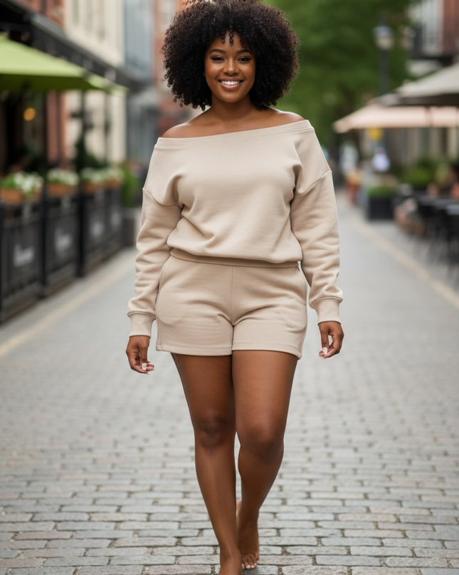Fleece Boat Neck Sweatshirt and Shorts Set (Ash Mocha)