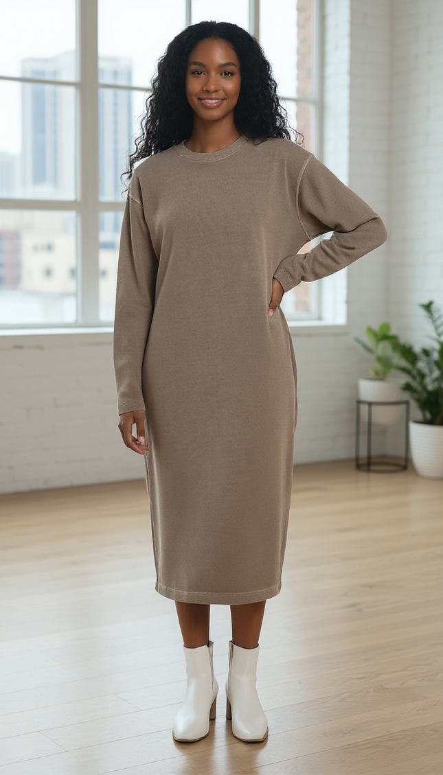 Chic Soft Fleece Pigment Dye Sweatshirts Dress - Mocha
