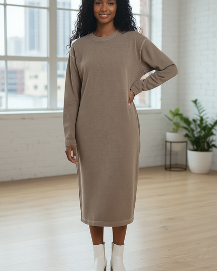Chic Soft Fleece Pigment Dye Sweatshirts Dress - Mocha