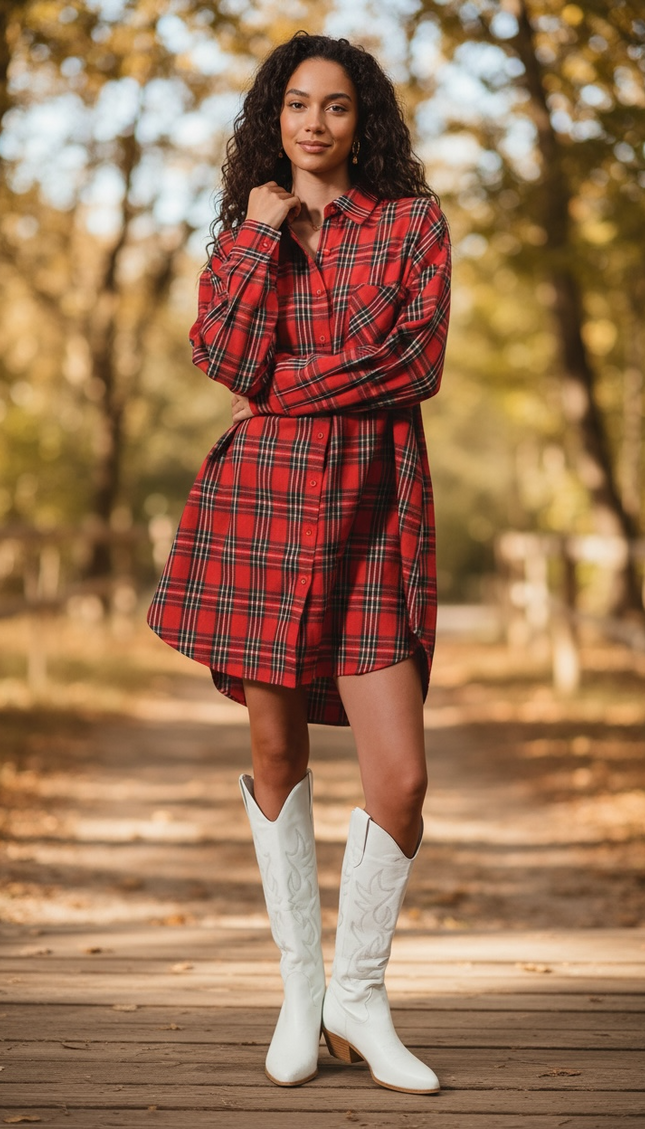 Unmatched Plaid Button Shirt Dress - Red Multi