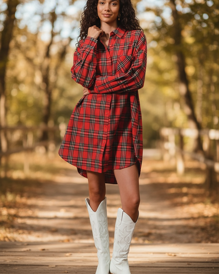 Unmatched Plaid Button Shirt Dress - Red Multi