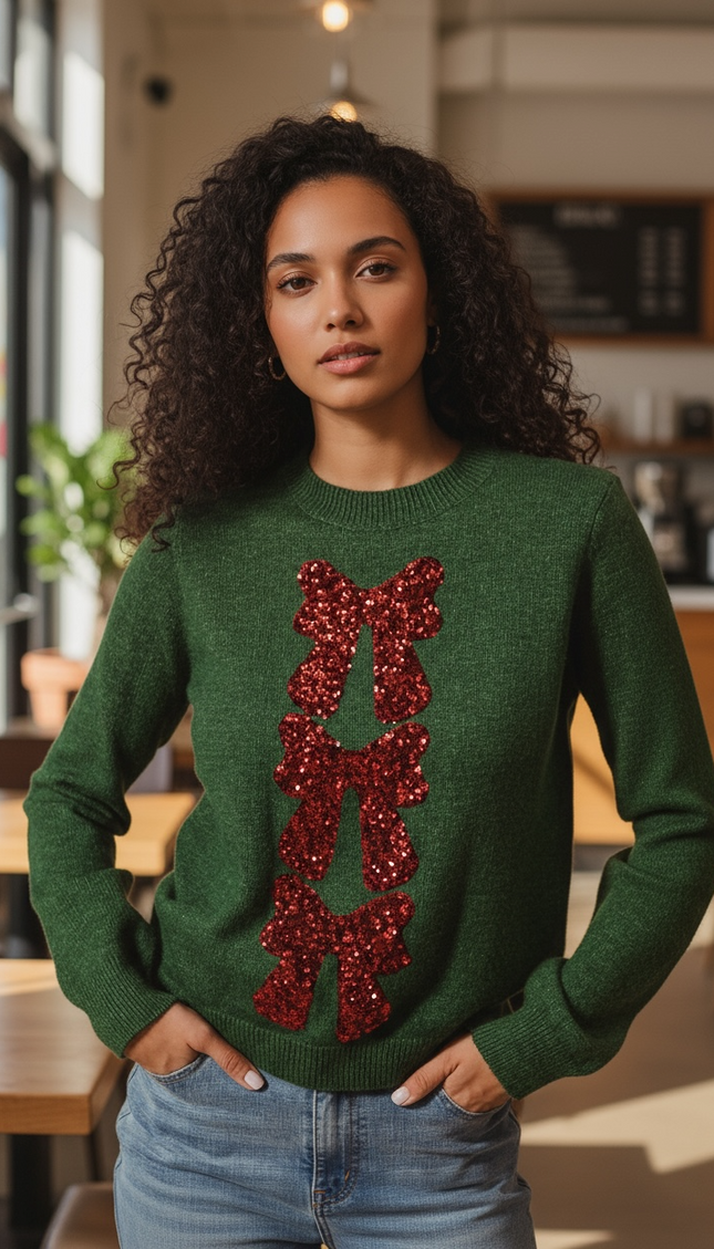 Unmatched Bowtiful Sequin Christmas Sweater - Hunter Green & Red