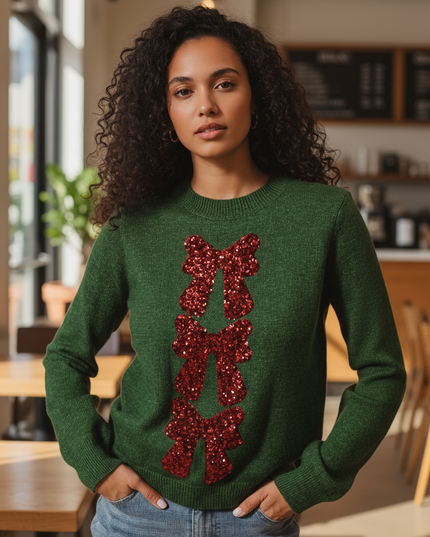 Unmatched Bowtiful Sequin Christmas Sweater - Hunter Green & Red