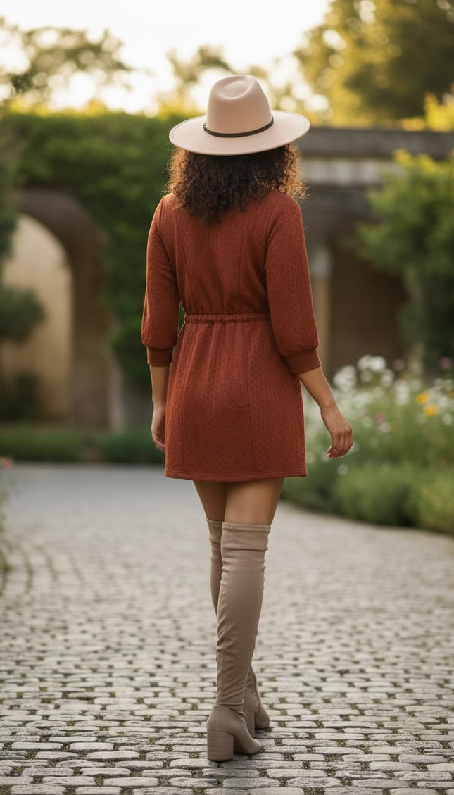 Pocketed Knit Delight Mini Dress - Rust