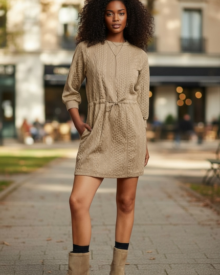 Pocketed Knit Delight Mini Dress - Taupe