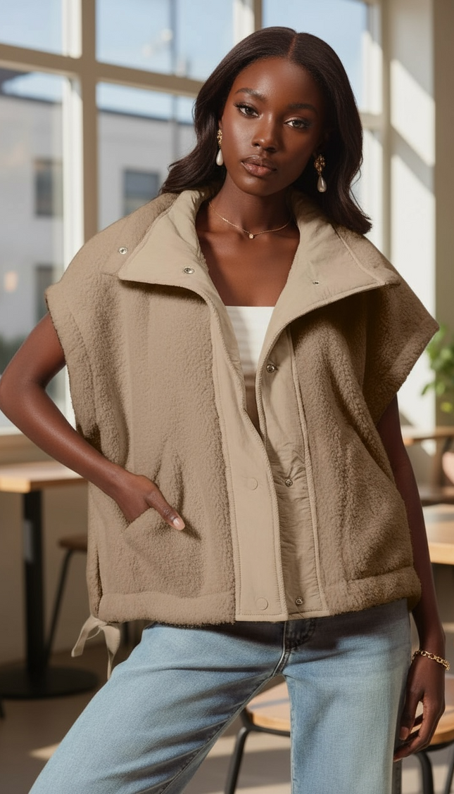Relaxed Soft Sherpa Sleeveless Jacket - Taupe
