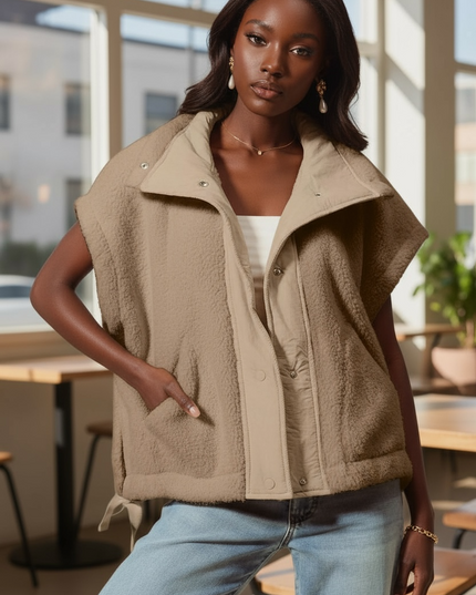 Relaxed Soft Sherpa Sleeveless Jacket - Taupe