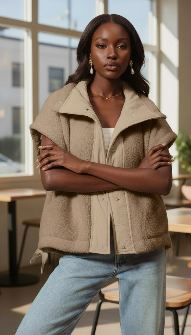 Relaxed Soft Sherpa Sleeveless Jacket - Taupe