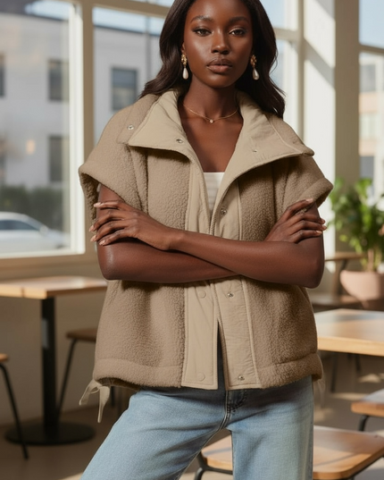 Relaxed Soft Sherpa Sleeveless Jacket - Taupe