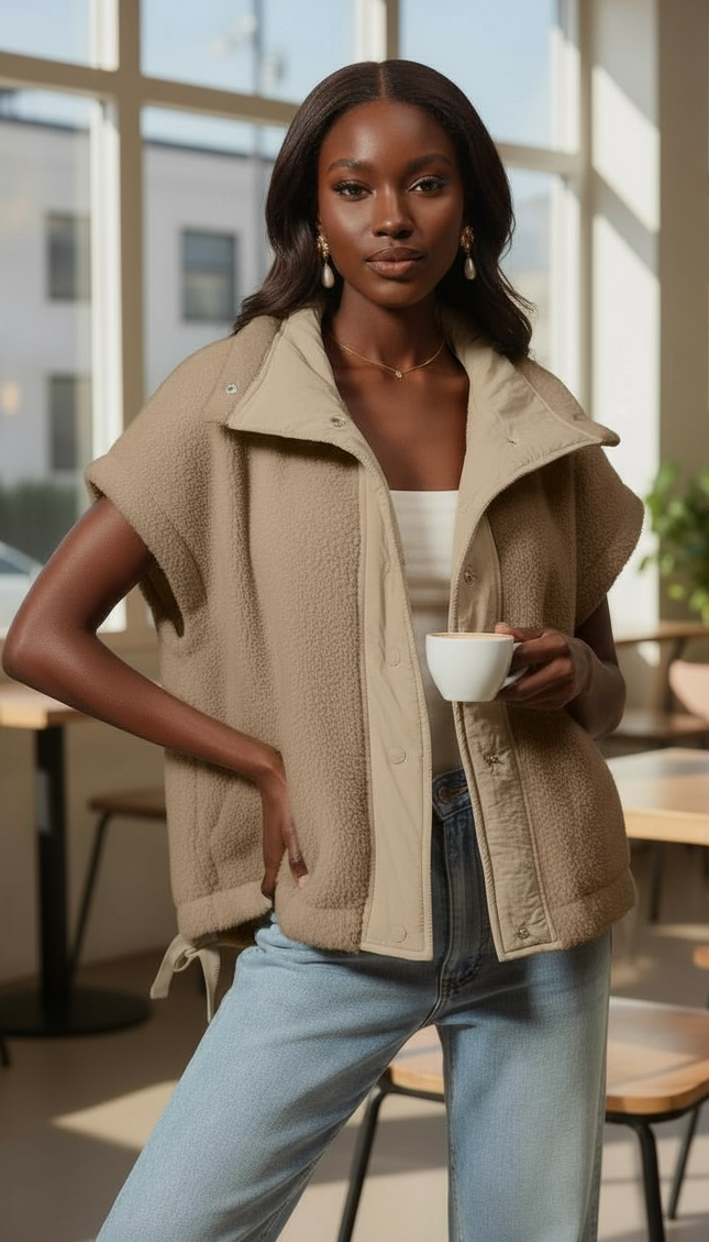 Relaxed Soft Sherpa Sleeveless Jacket - Taupe