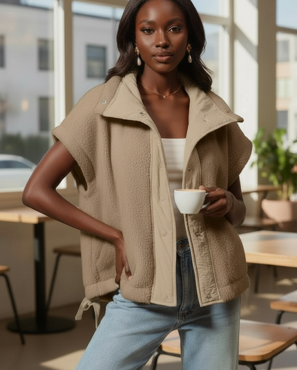 Relaxed Soft Sherpa Sleeveless Jacket - Taupe