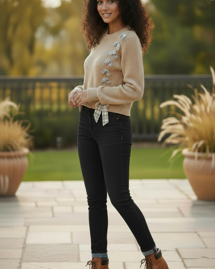 Lace-Up Plaid Statement Sweater - Taupe