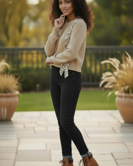 Lace-Up Plaid Statement Sweater - Taupe