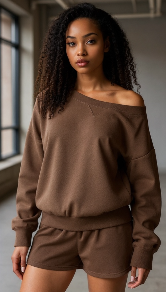 Fleece Boat Neck Sweatshirt and Shorts Set (Brown)
