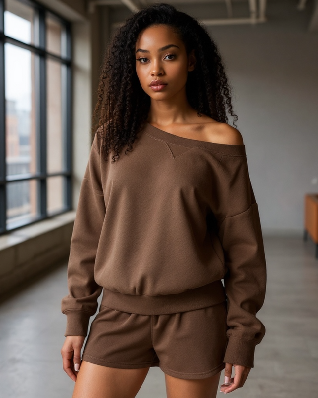 Fleece Boat Neck Sweatshirt and Shorts Set (Brown)