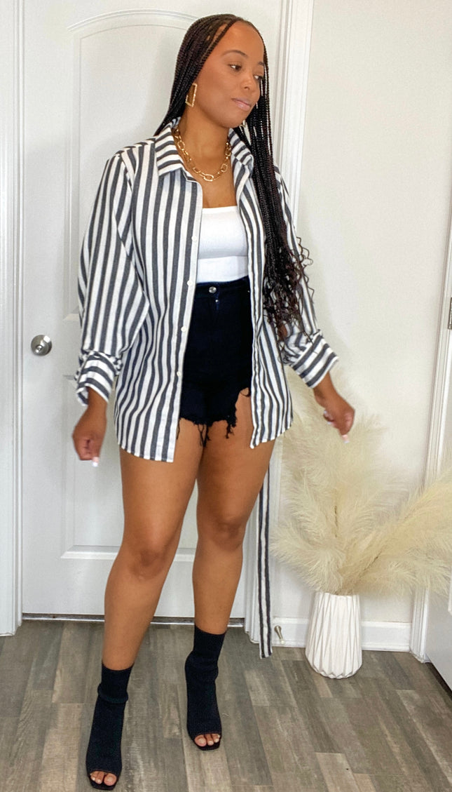 Unmatched Striped Button Up Blouse with Waist Tie