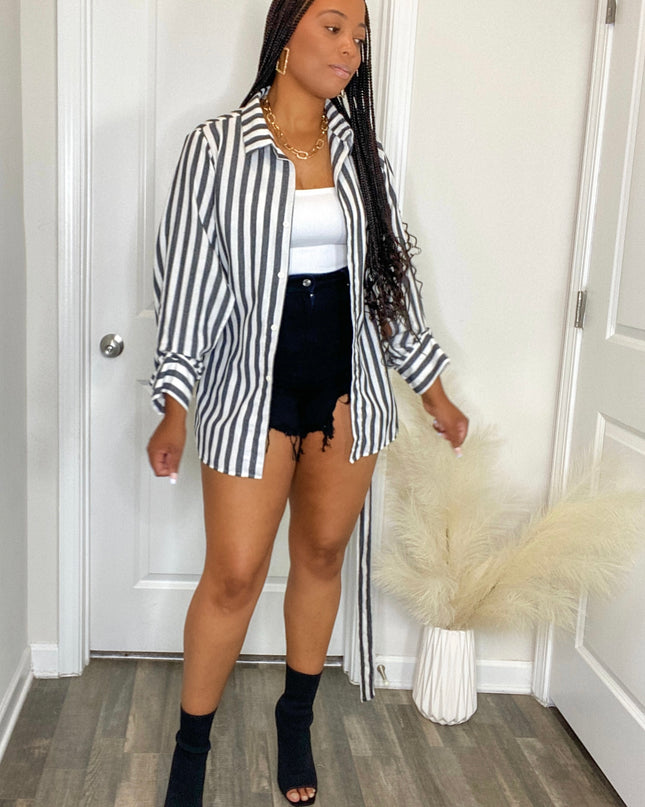 Unmatched Striped Button Up Blouse with Waist Tie