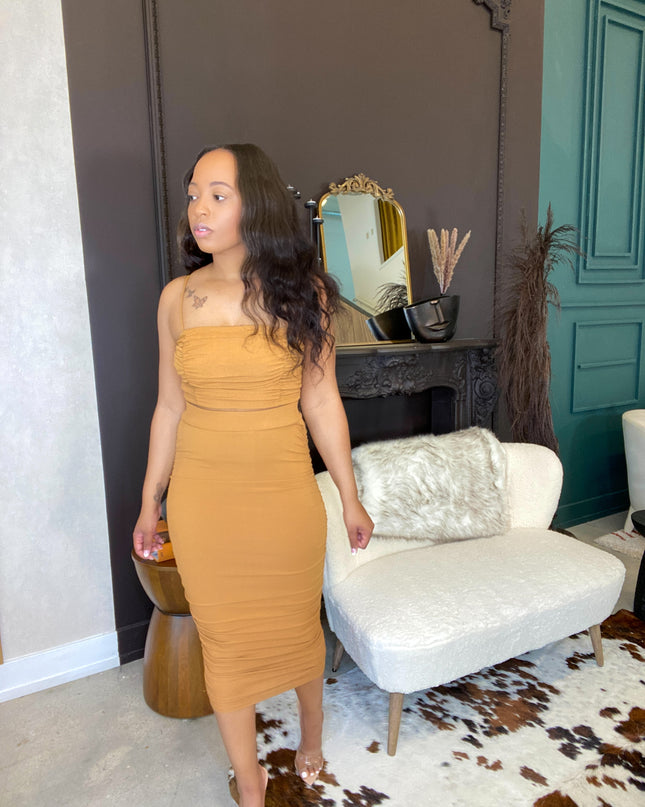 Unmatched Ruched Skirt Set - Camel