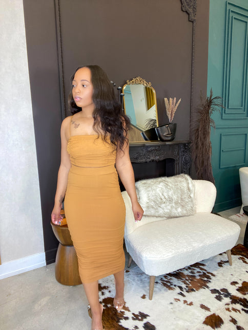Unmatched Ruched Skirt Set - Camel