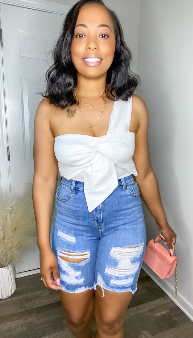 Unmatched Distressed High Waisted Bermuda Shorts- Medium Wash