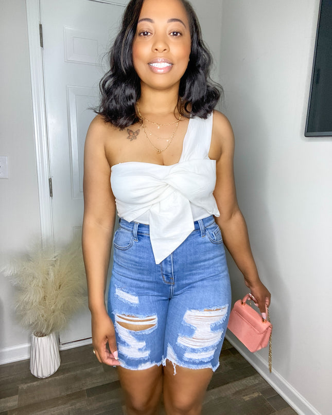Unmatched Distressed High Waisted Bermuda Shorts- Medium Wash