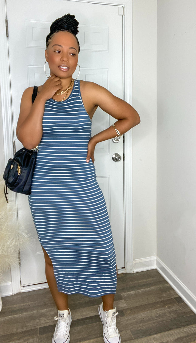 Unmatched Striped Midi Dress - Blue