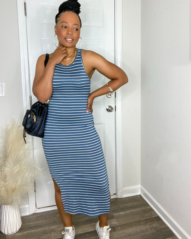 Unmatched Striped Midi Dress - Blue