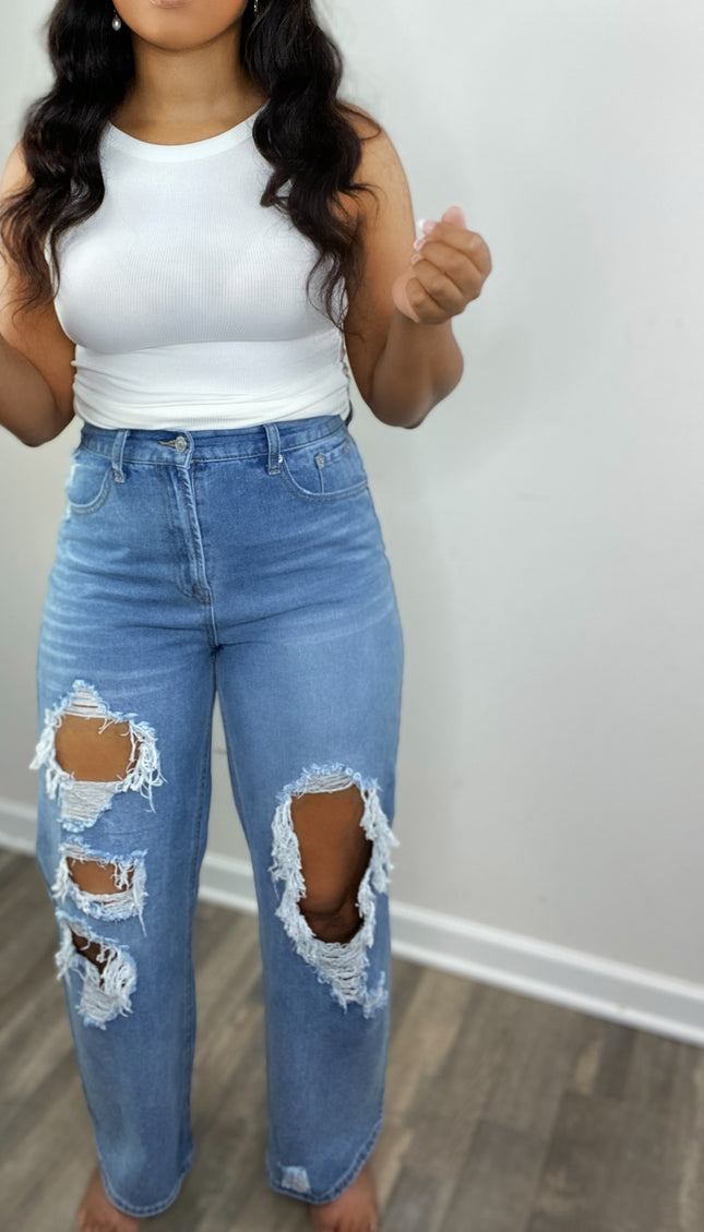 Unmatched Distressed Wide Leg Denim