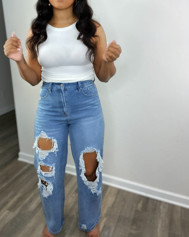 Unmatched Distressed Wide Leg Denim