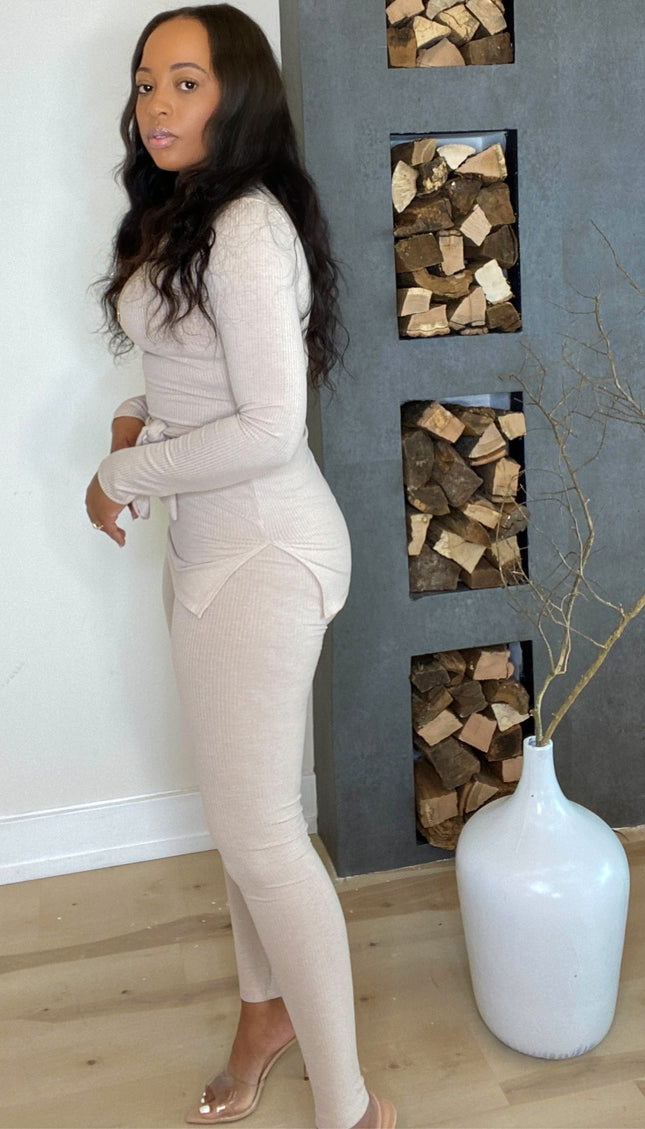 Unmatched Ribbed Tie Waist Set - Nude