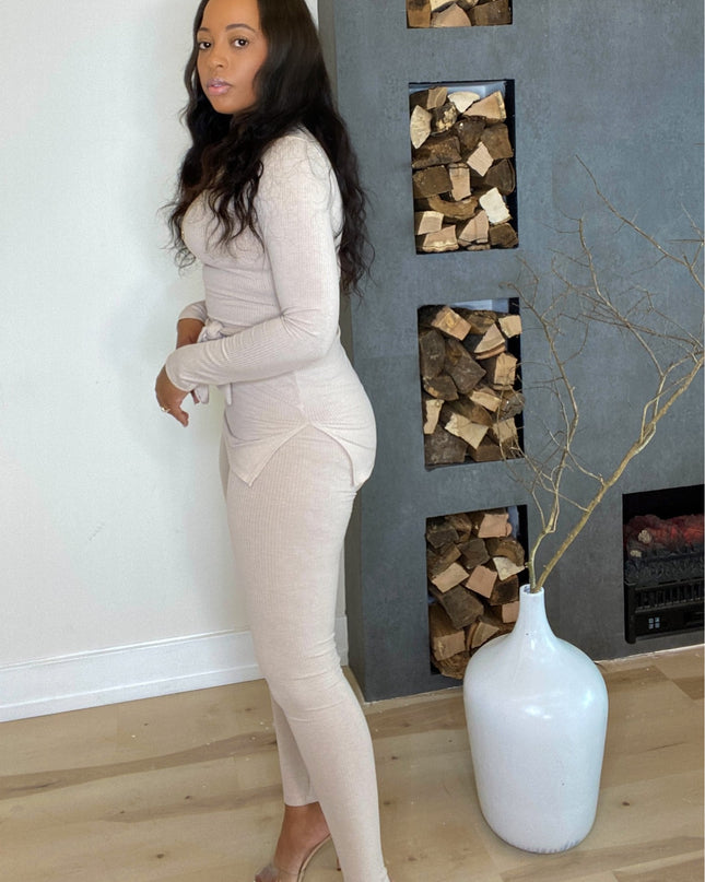 Unmatched Ribbed Tie Waist Set - Nude