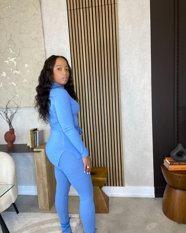 Unmatched Ribbed Tie Waist Set - Denim