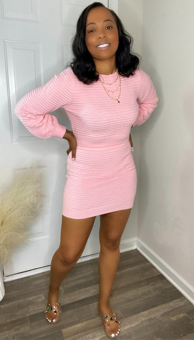 Unmatched Sweater Two Piece Skirt Set - Pink