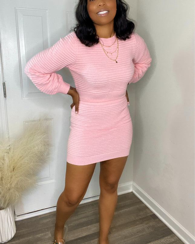 Unmatched Sweater Two Piece Skirt Set - Pink