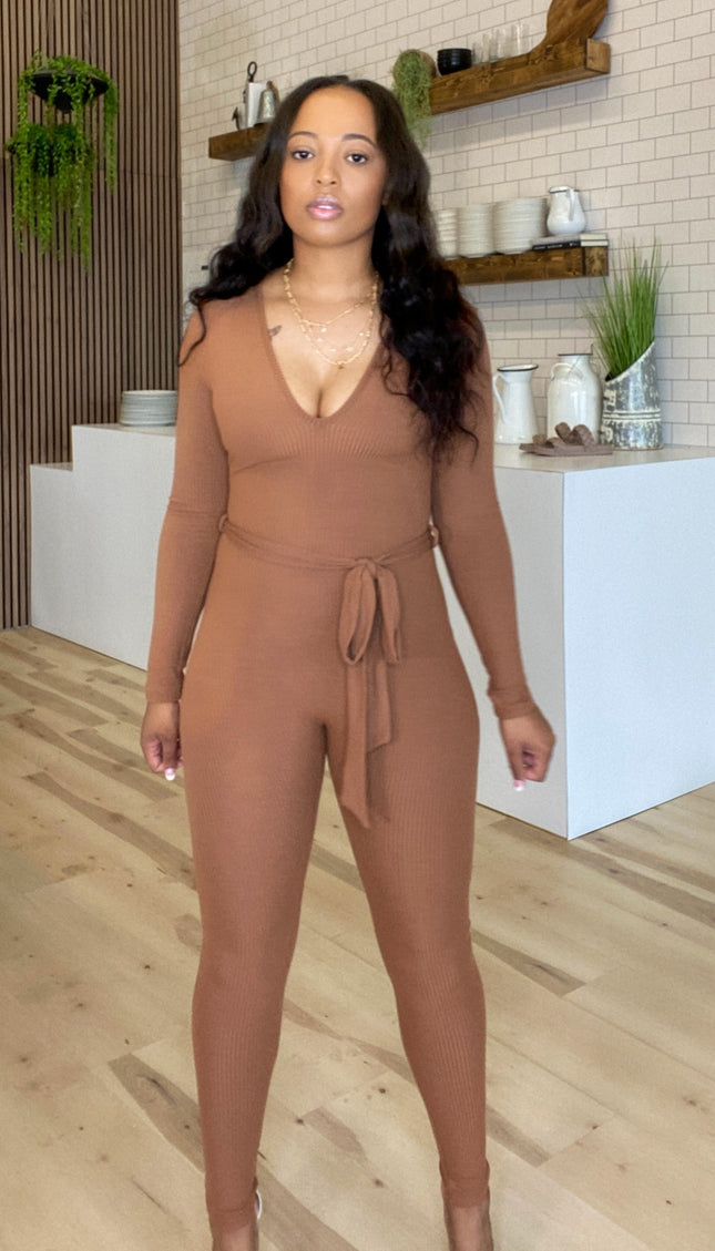 Unmatched Ribbed Waist Tie Jumpsuit - Brown