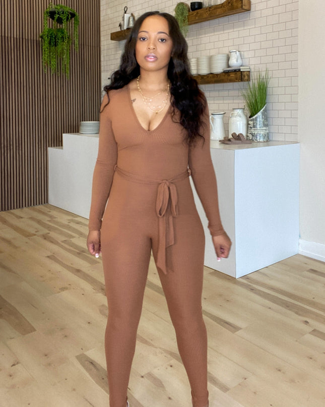Unmatched Ribbed Waist Tie Jumpsuit - Brown