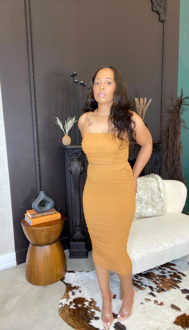 Unmatched Ruched Skirt Set - Camel