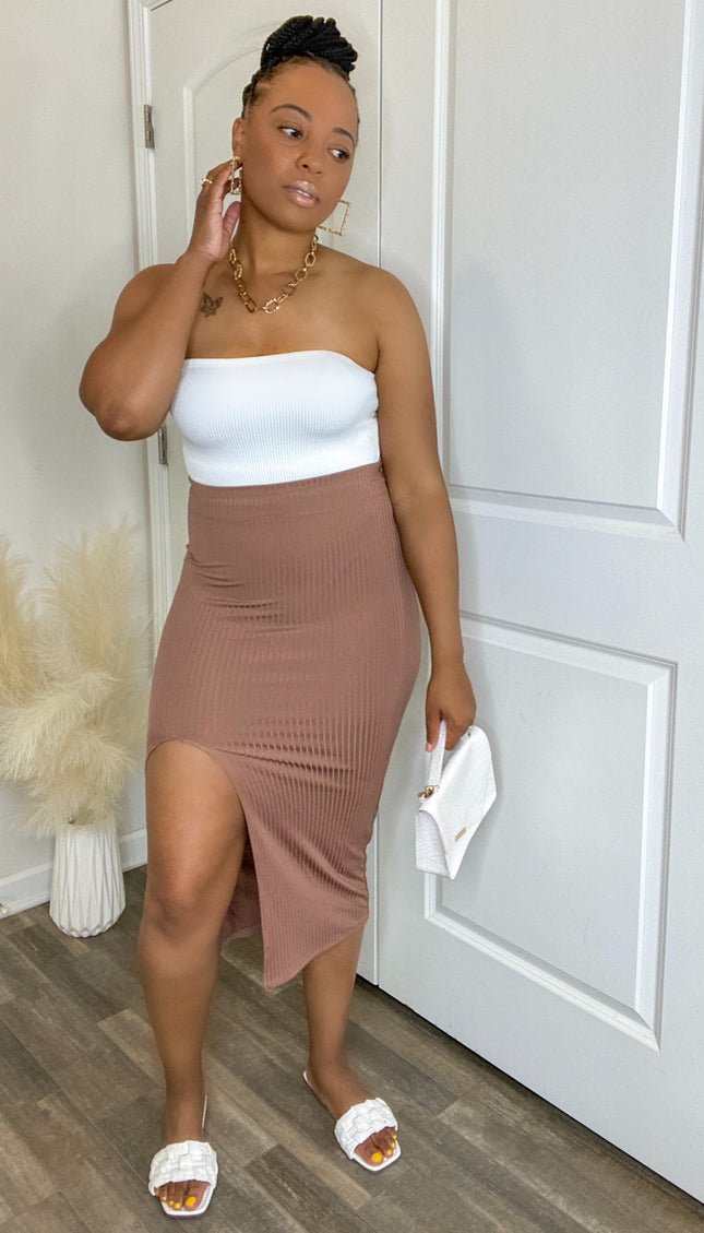 Unmatched High Slit Ribbed Midi Skirt - Mocha