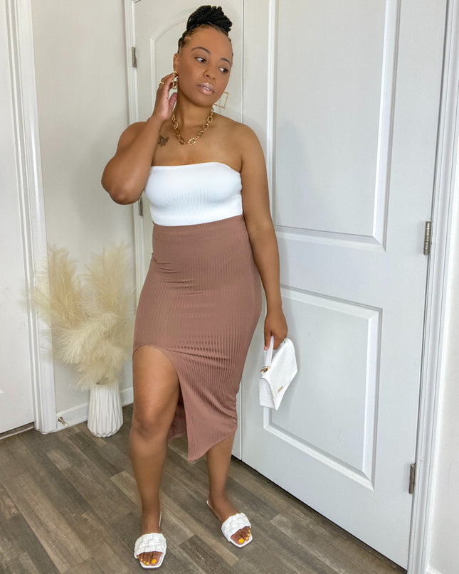 Unmatched High Slit Ribbed Midi Skirt - Mocha
