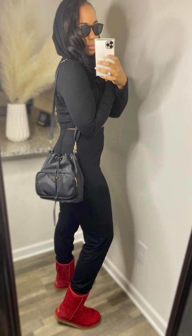 Unmatched Hooded Ribbed Everyday Set - Black