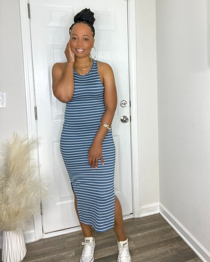 Unmatched Striped Midi Dress - Blue