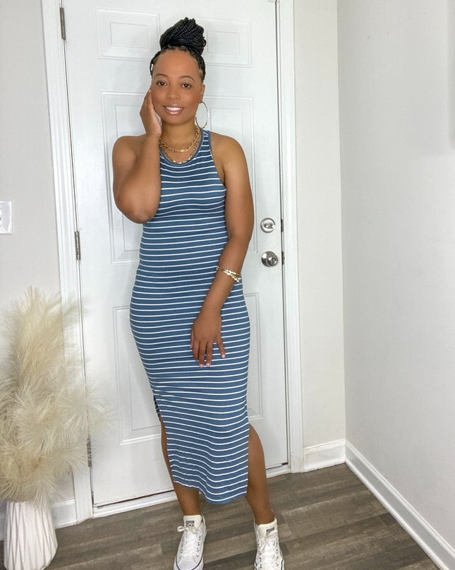 Unmatched Striped Midi Dress - Blue