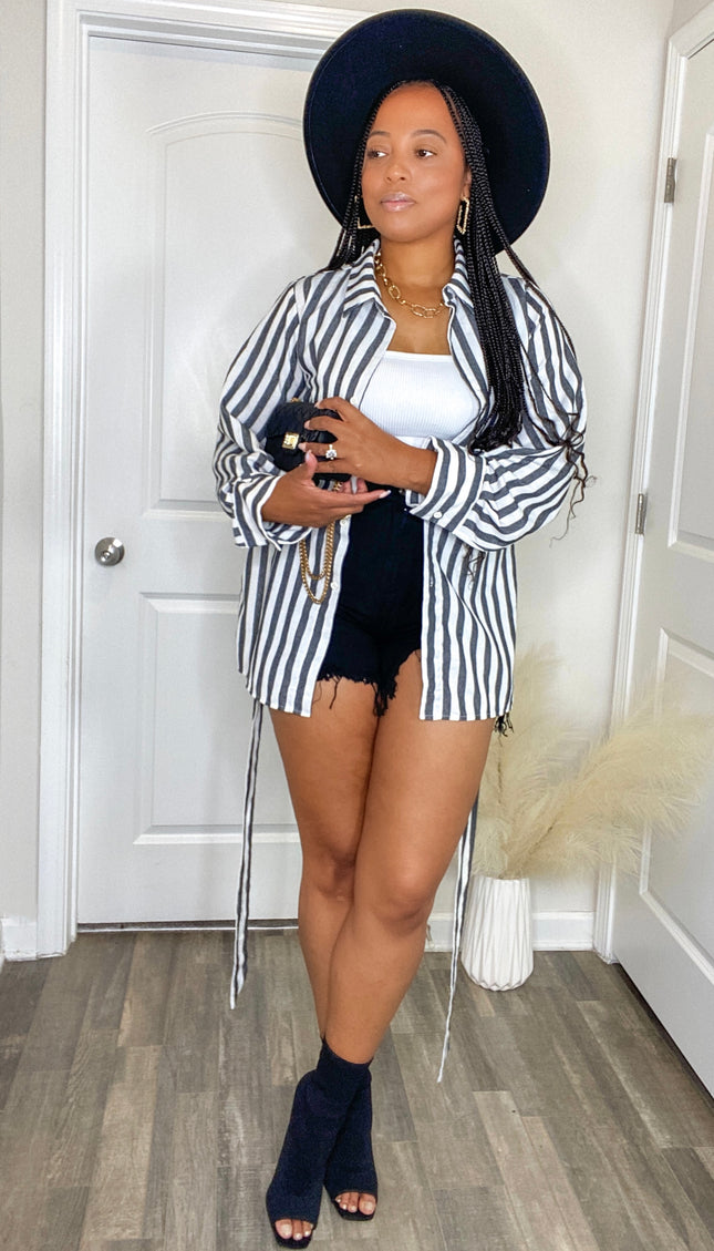 Unmatched Striped Button Up Blouse with Waist Tie